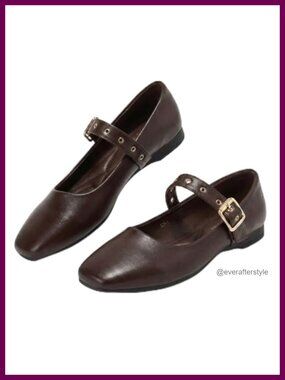 Women's Square Toe Ballet Flats Mary Jane Shoes with Ankle Strap